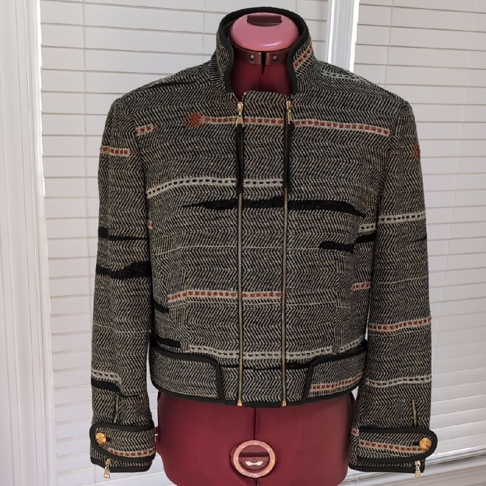 Vintage Carlisle Tweed Moto Military Cropped Jacket Wool Blend Luxury Classic